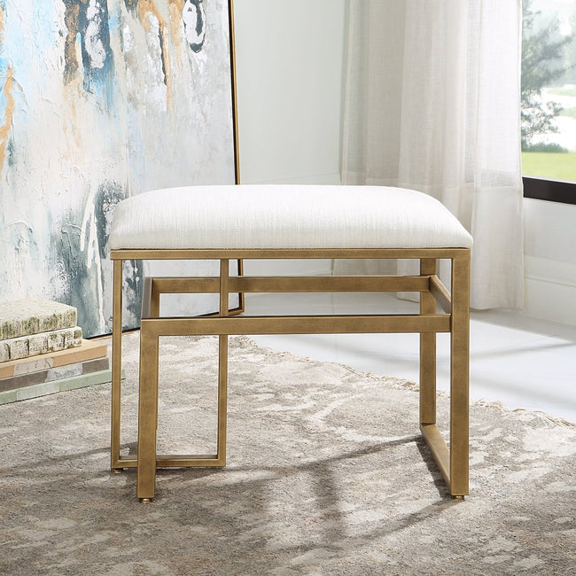 Antique Brushed Brass Iron Bench with Off White Upholstery - Uttermost - Benches by Modest Hut