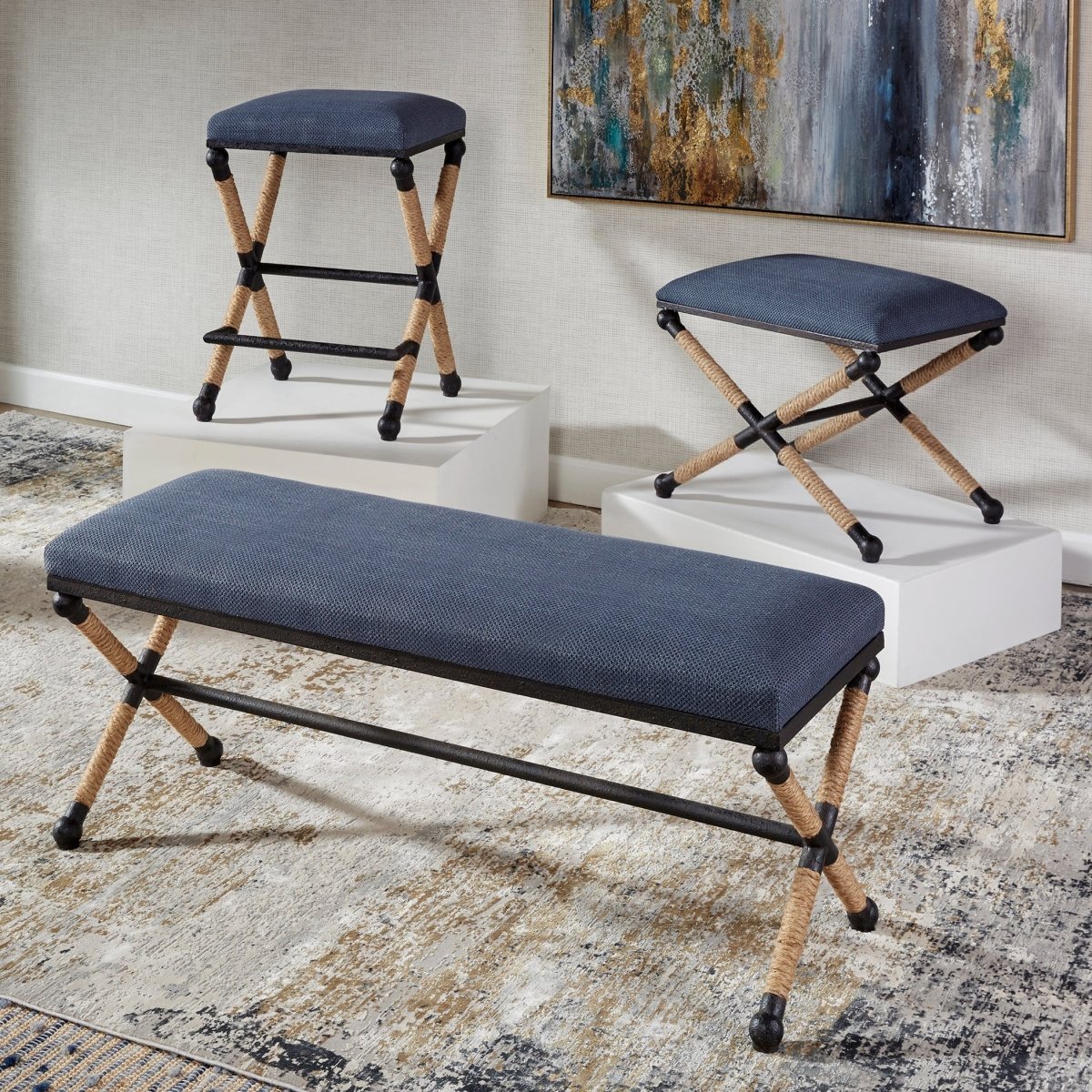 Firth Rustic Navy Bench - Uttermost - Benches by Modest Hut