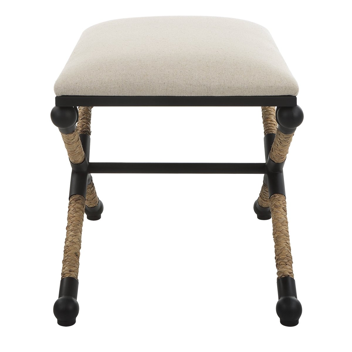 Satin Black Iron Coastal Bench with Braided Straw - Uttermost - Benches by Modest Hut