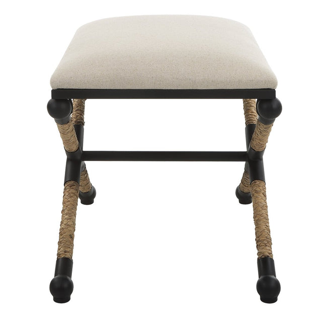 Satin Black Iron Coastal Bench with Braided Straw - Uttermost - Benches by Modest Hut