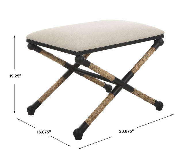 Satin Black Iron Coastal Bench with Braided Straw - Uttermost - Benches by Modest Hut