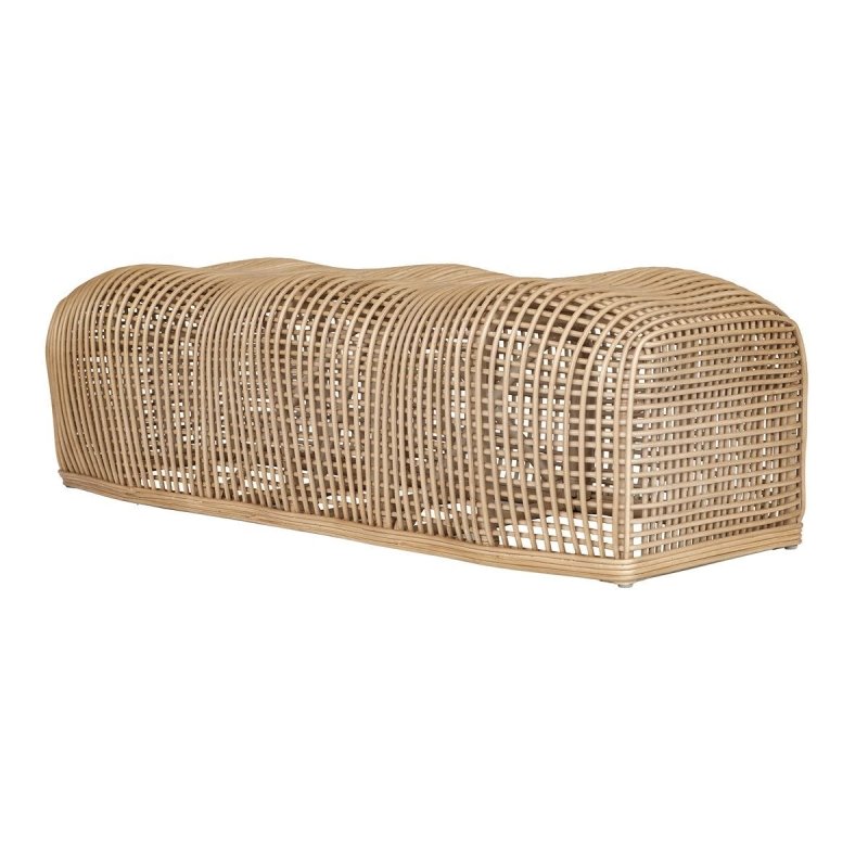 Low angled view of the Tino bench showing the rattan weave
