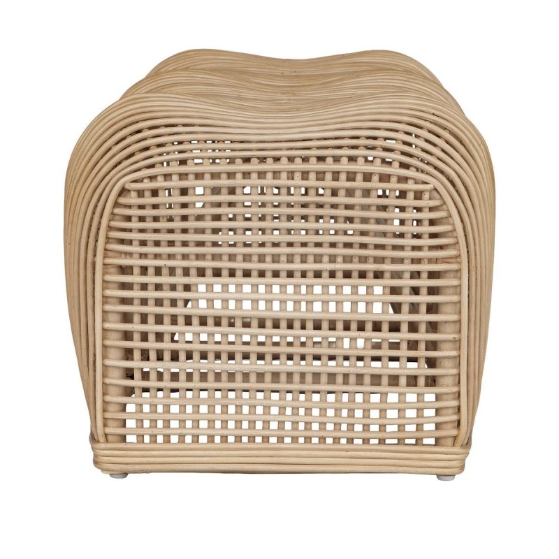 Side view of the Tino rattan bench showing the curved openwork frame