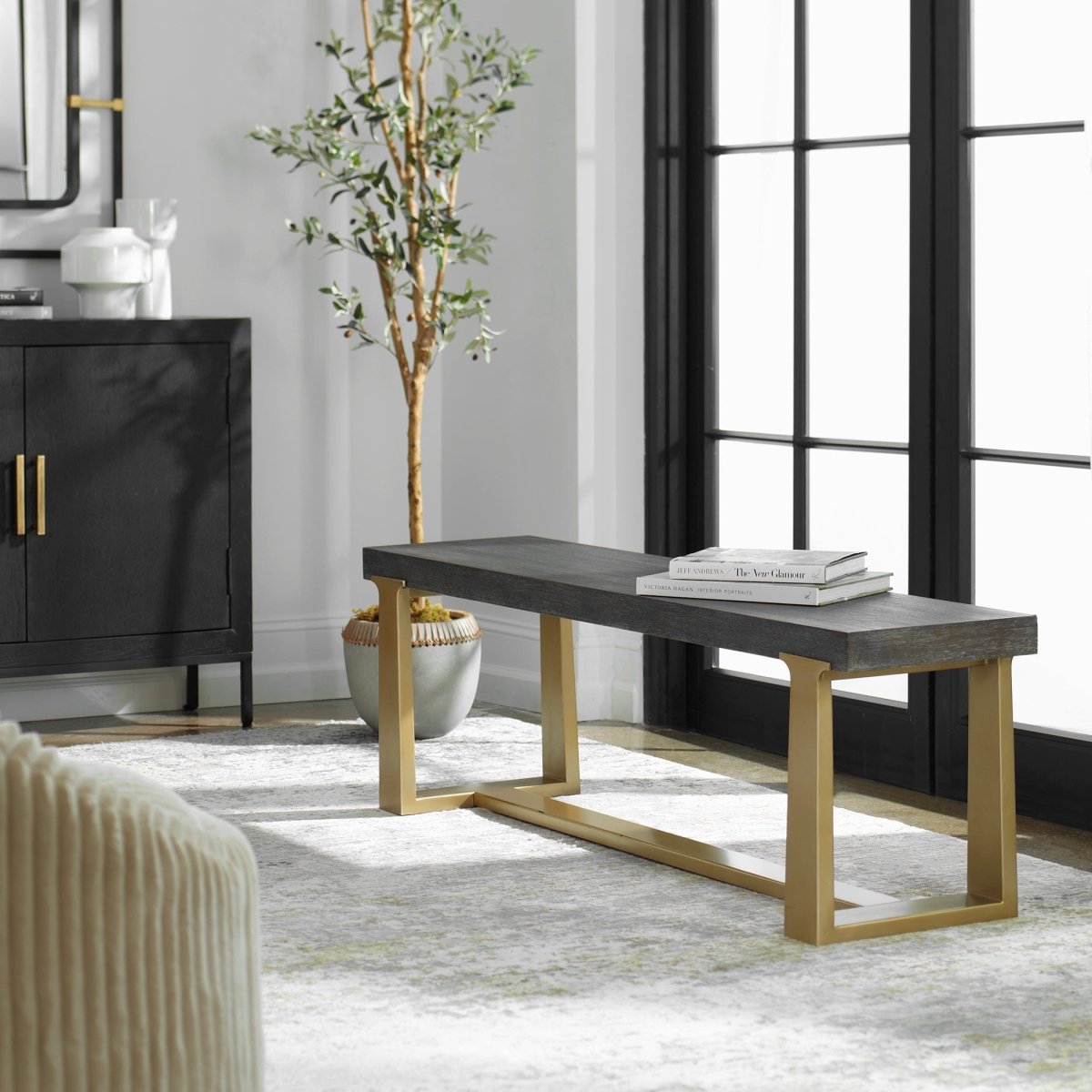 Voyage Brass And Wood Bench - Uttermost - Benches by Modest Hut