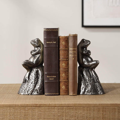 Daydreaming Frogs Aged Silver Bookends, S/2 - Uttermost - Bookends by Modest Hut