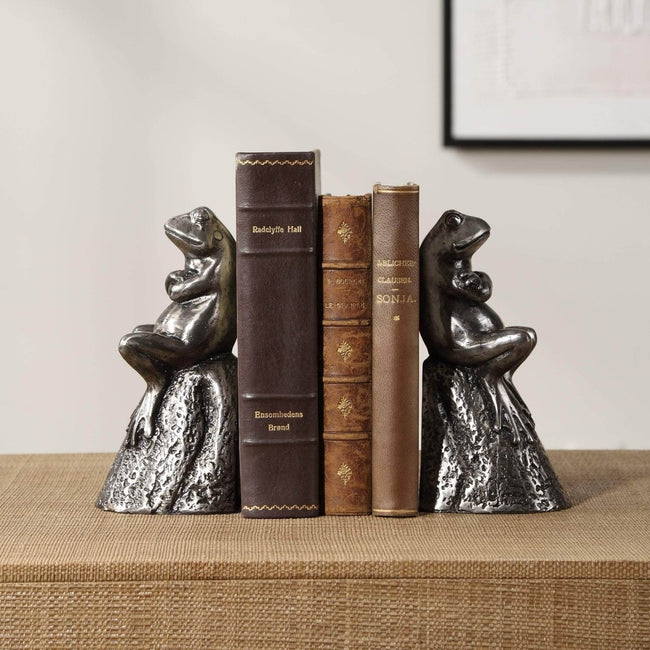 Daydreaming Frogs Aged Silver Bookends, S/2 - Uttermost - Bookends by Modest Hut