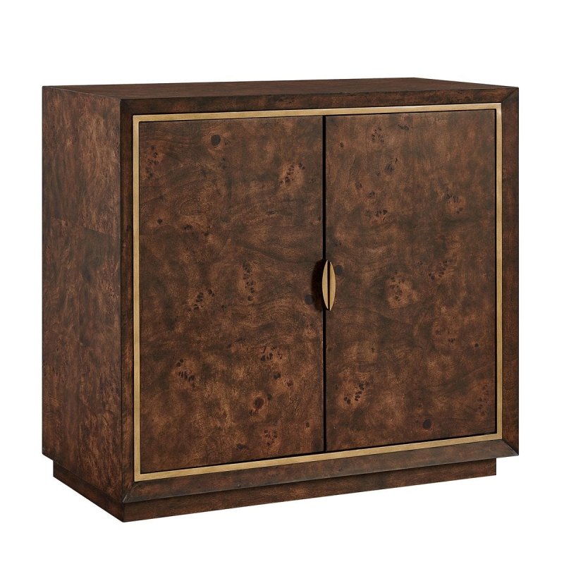 Detail view of the Flores Walnut Mappa Burl 2 Door Cabinet finish and construction
