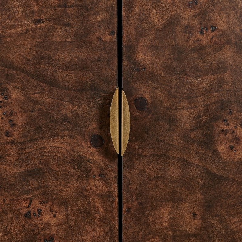 Detail view of the Flores Walnut Mappa Burl 2 Door Cabinet finish and construction image 7