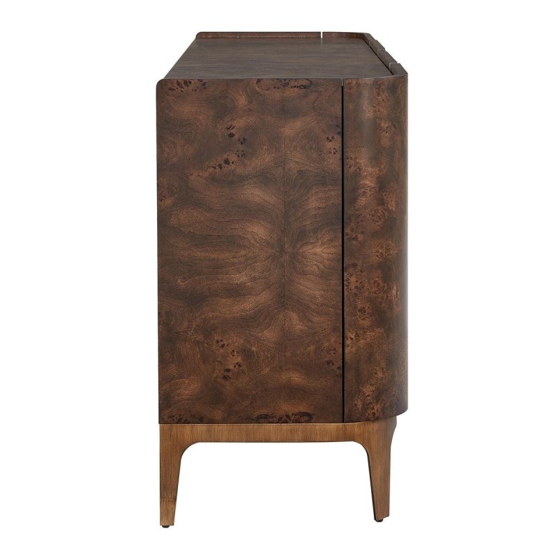 Detail view of four closed cabinet doors on the Melbourne Mappa Burl 4-Door Cabinet