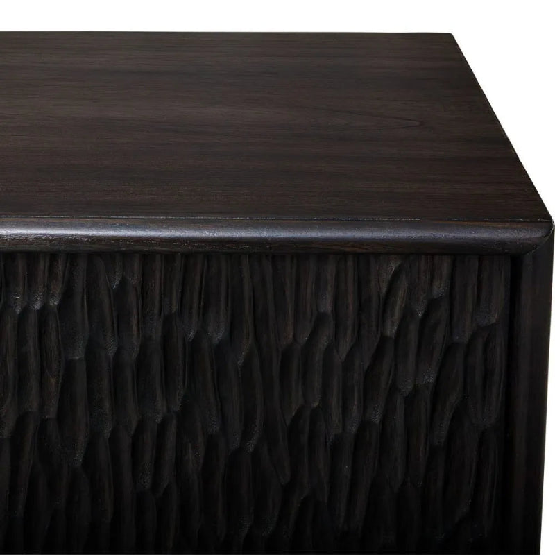 Dark wooden side table with textured surface