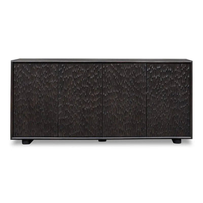 Dark wood sideboard with a textured finish on a white background