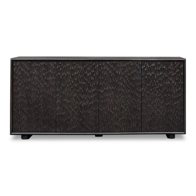 Dark wood sideboard with a textured finish on a white background