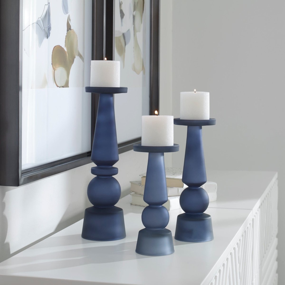 Cassiopeia Blue Glass Candleholders, S/3 - Uttermost - Candle Holders by Modest Hut