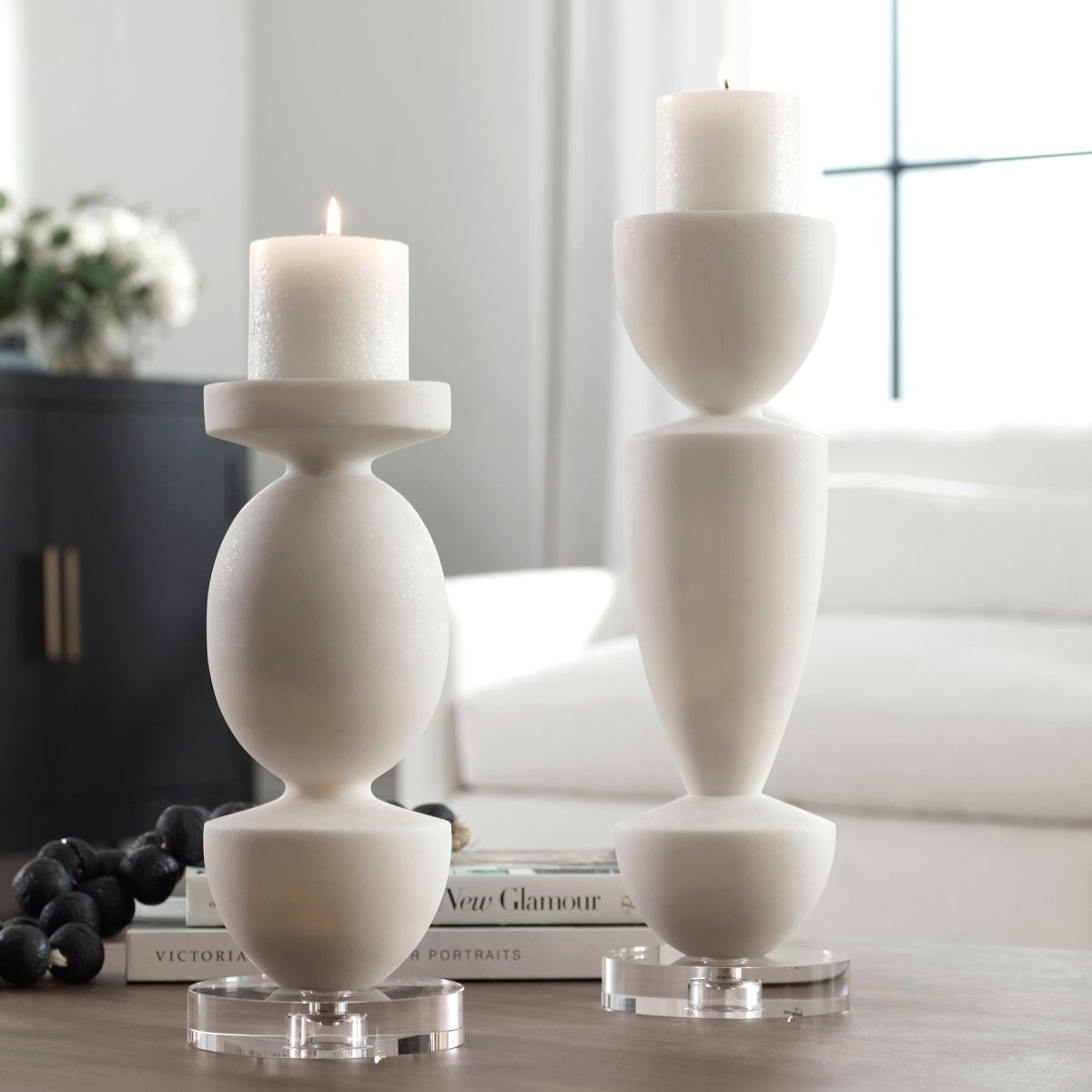 Lido White Stone Candleholders, Set/2 - Uttermost - Candle Holders by Modest Hut