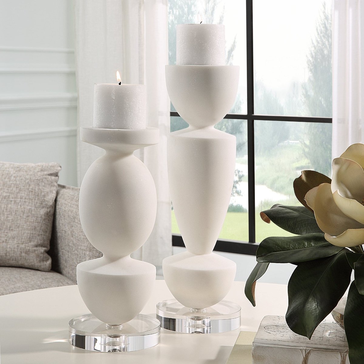 Lido White Stone Candleholders, Set/2 - Uttermost - Candle Holders by Modest Hut