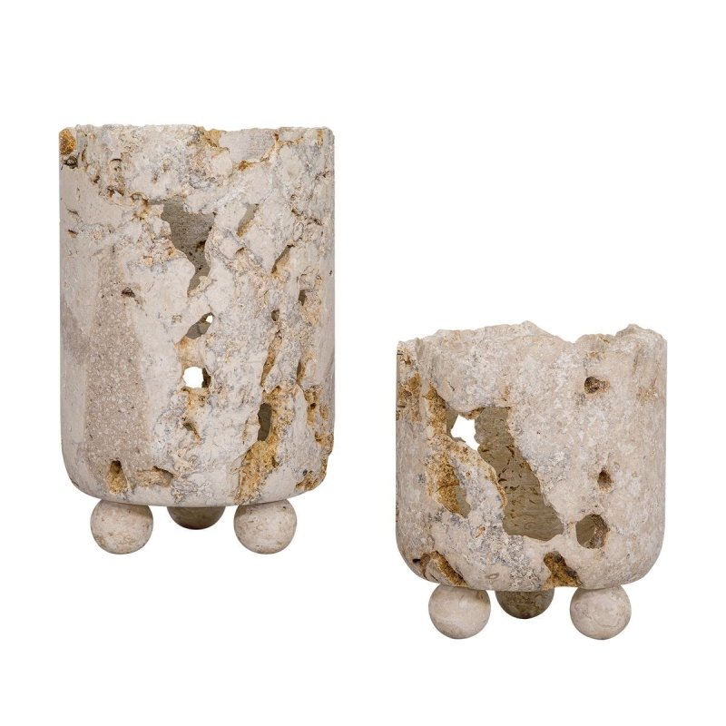 Detail view of brown and white stone variation on the Quarried Stone Indoor-Outdoor Candleholders Set of 2