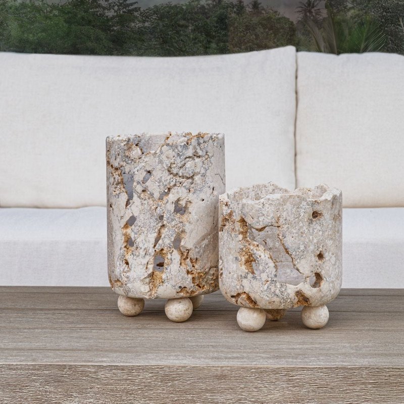 Close-up of natural stone pitting on the Quarried Stone Indoor-Outdoor Candleholders Set of 2
