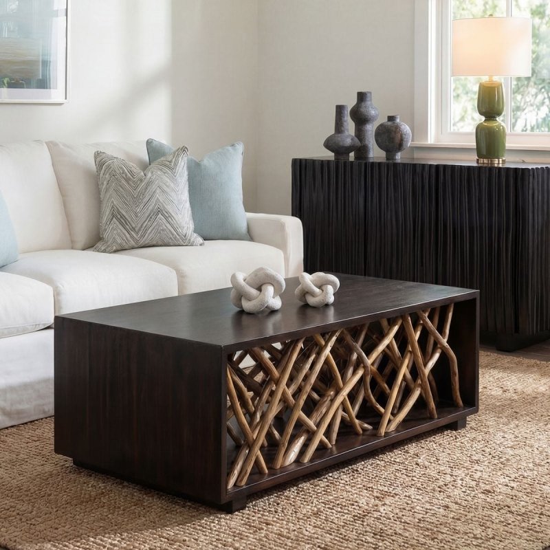 Teak Maze Coffee Table styled in a room setting