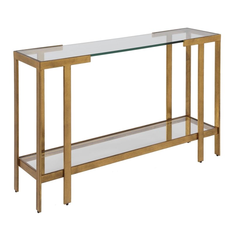 Angled view of the Kendrick console table glass top and gold frame