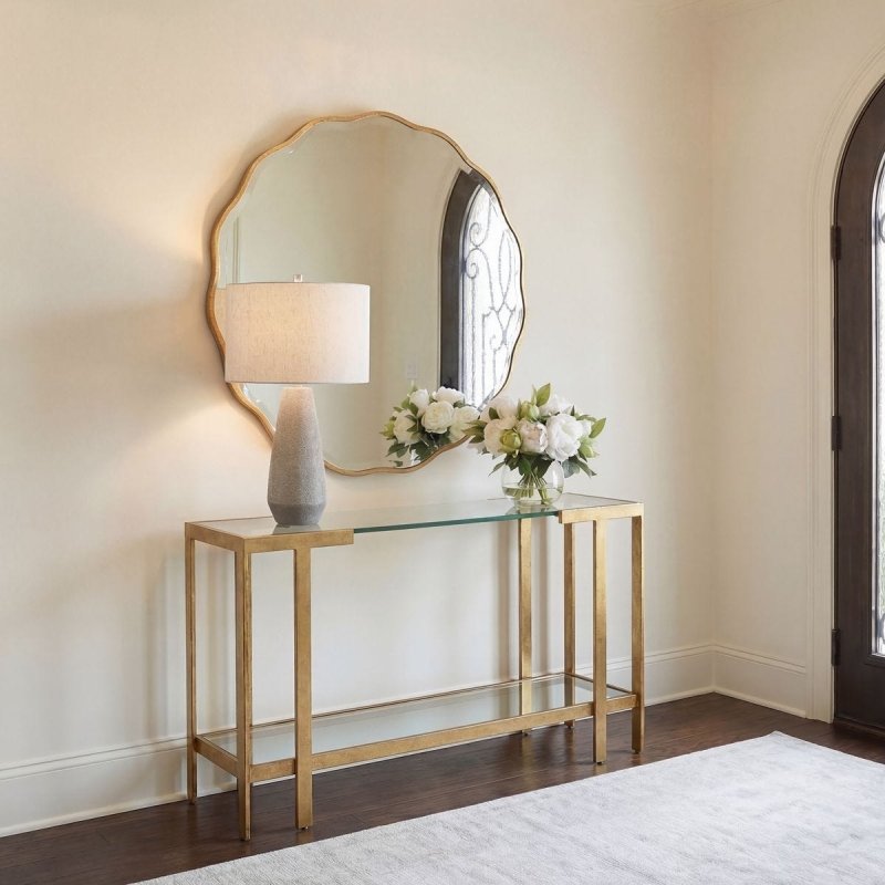 Kendrick console table styled in an entryway with a lamp and mirror