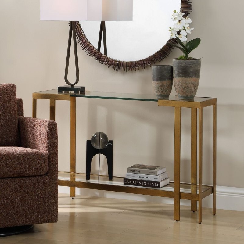Kendrick console table styled with a table lamp and accessories
