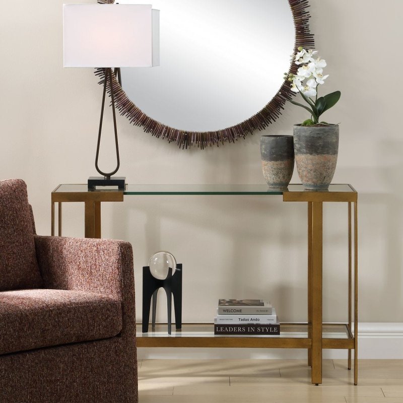 Kendrick console table styled beside living room seating