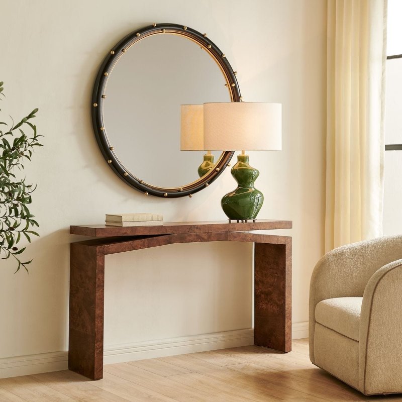 Alternate angle of the Naoko Dark Walnut Mappa Burl Console Table by Uttermost