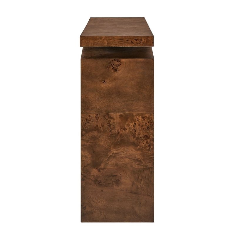 Detail view of dark-walnut mappa burl grain on the Naoko Dark Walnut Mappa Burl Console Table