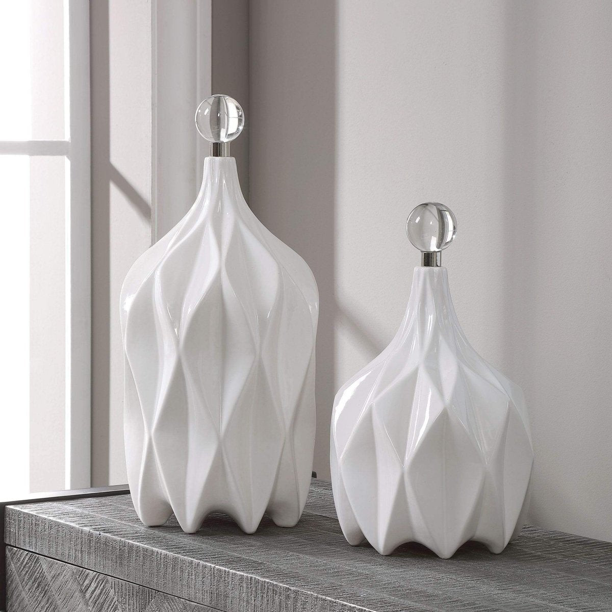 Klar White Geometric Bottles (S/2) - Uttermost - Decorative Bottles by Modest Hut