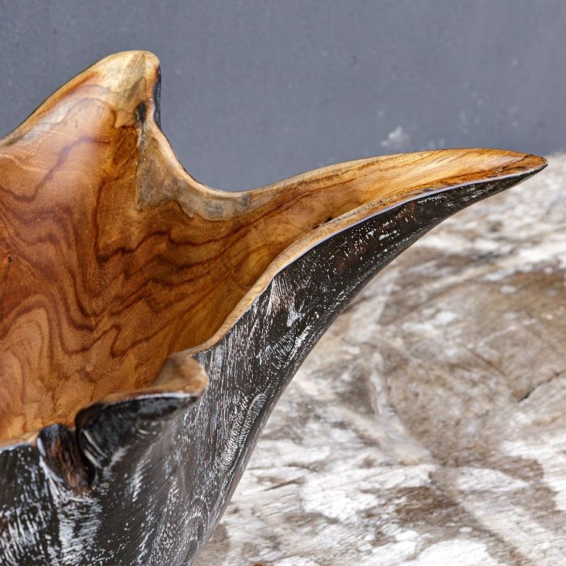 Starpetal Indoor-Outdoor Bowl by Uttermost teakwood interior close up wood grain detail