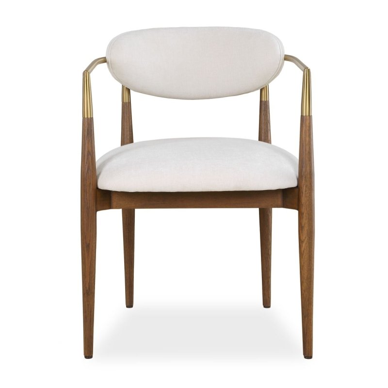 Detail view of the Moxie Walnut White Dining Arm Chair finish and construction