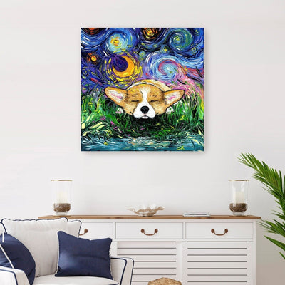 Sleepy Corgi Night Canvas Wall Art - Lumaprints - Dogs by Modest Hut