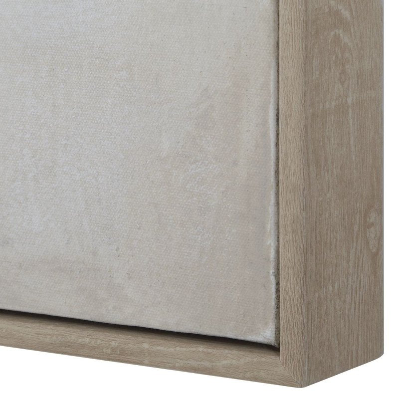 Close-up of the Haze in the Horizon canvas light oak frame edge