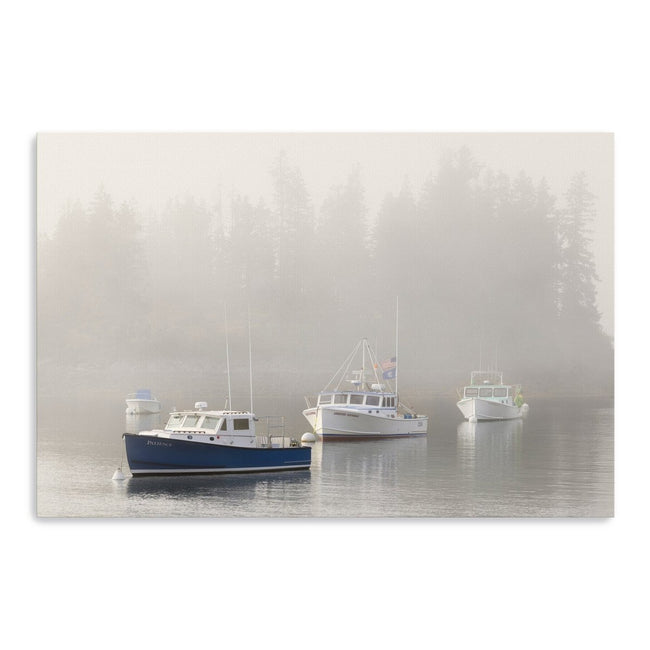Maine Lobster Boats and Fog in Front of Island Canvas Wall Art - Lumaprints - Gallery Canvas by Modest Hut