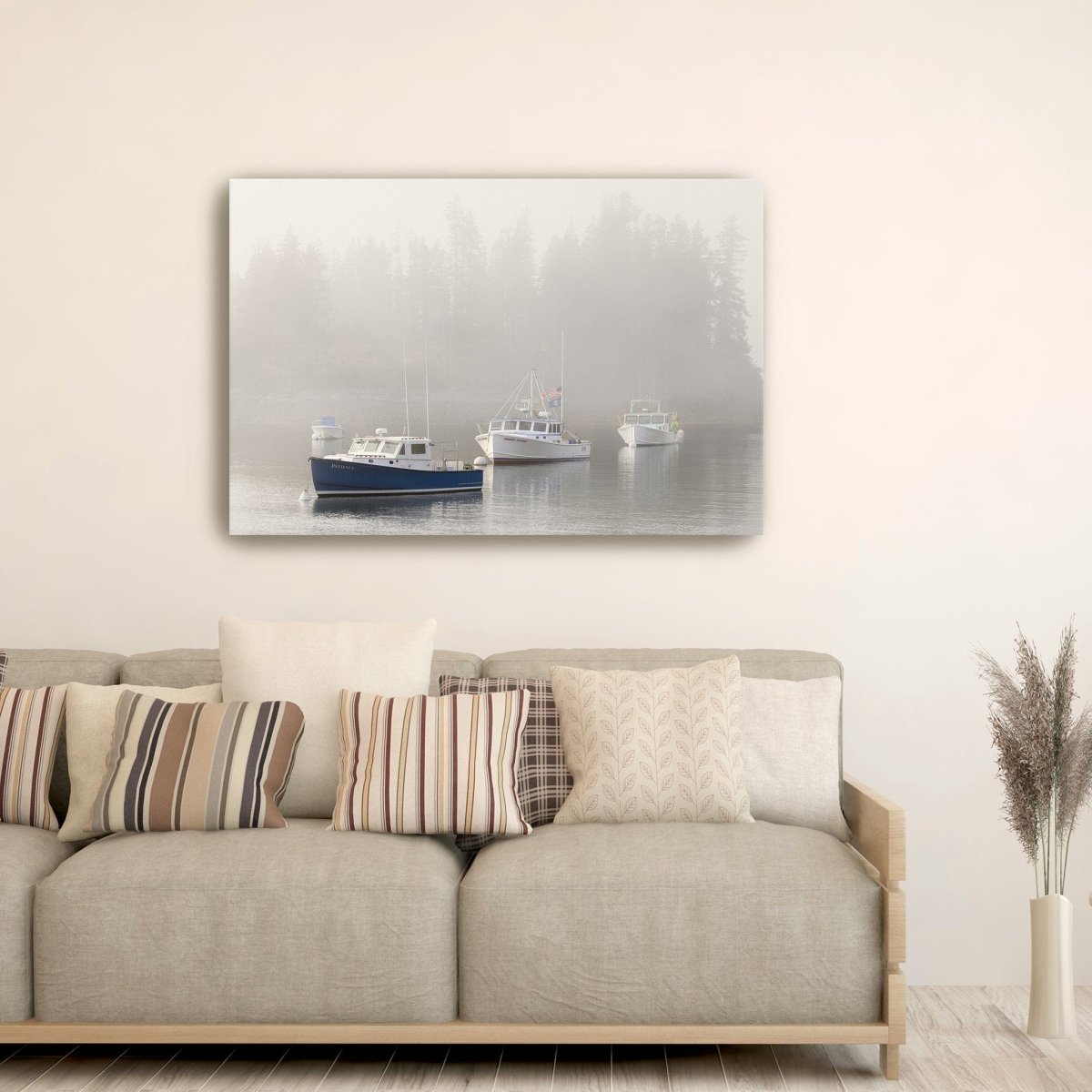 Maine Lobster Boats and Fog in Front of Island Canvas Wall Art - Lumaprints - Gallery Canvas by Modest Hut