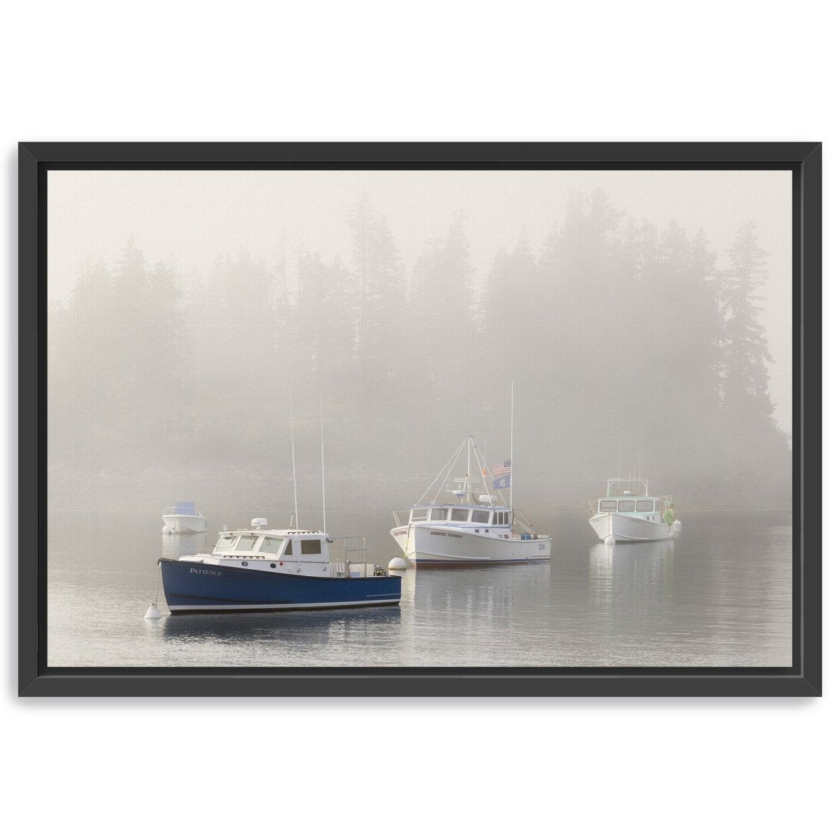 Maine Lobster Boats and Fog in Front of Island Canvas Wall Art - Lumaprints - Gallery Canvas by Modest Hut