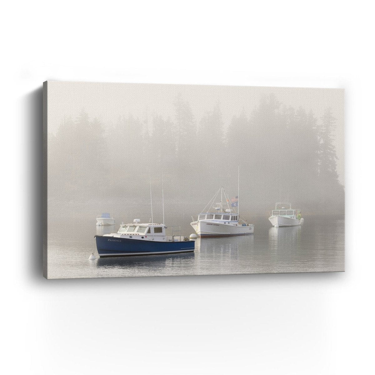 Maine Lobster Boats and Fog in Front of Island Canvas Wall Art - Lumaprints - Gallery Canvas by Modest Hut