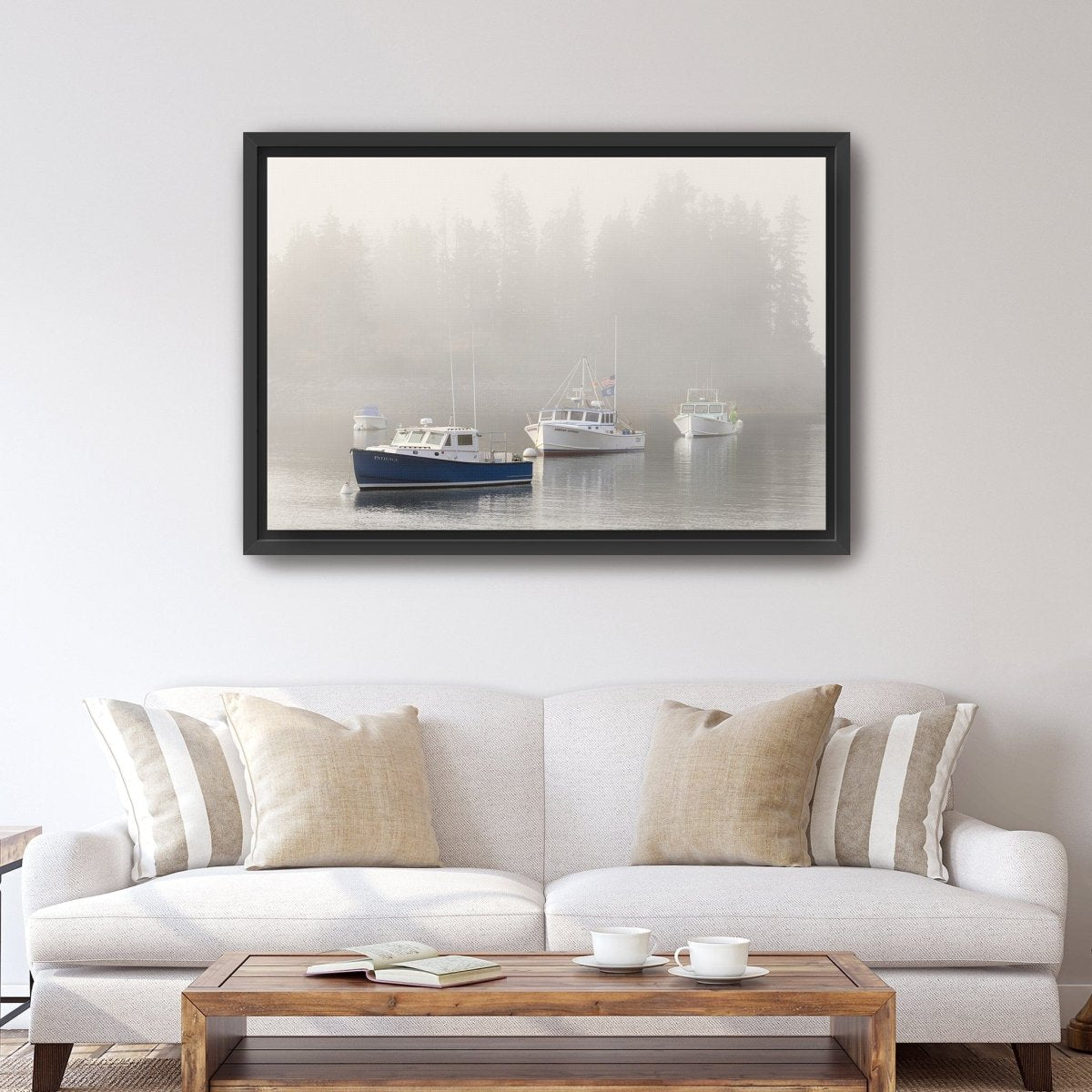 Maine Lobster Boats and Fog in Front of Island Canvas Wall Art - Lumaprints - Gallery Canvas by Modest Hut