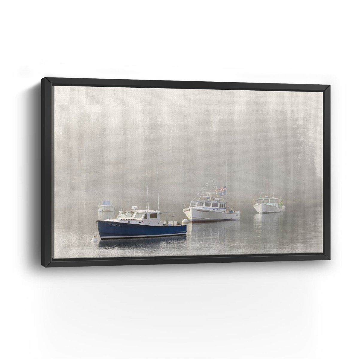 Maine Lobster Boats and Fog in Front of Island Canvas Wall Art - Lumaprints - Gallery Canvas by Modest Hut