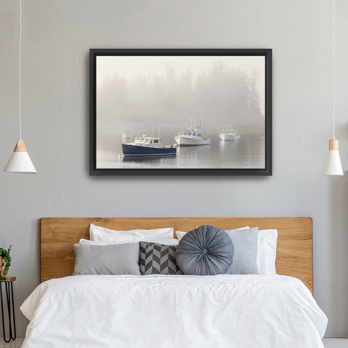 Maine Lobster Boats and Fog in Front of Island Canvas Wall Art - Lumaprints - Gallery Canvas by Modest Hut