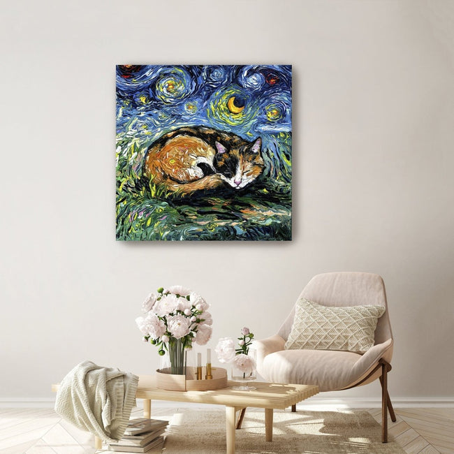 Sleepy Calico Night Canvas Wall Art - Lumaprints - Gallery Canvas by Modest Hut