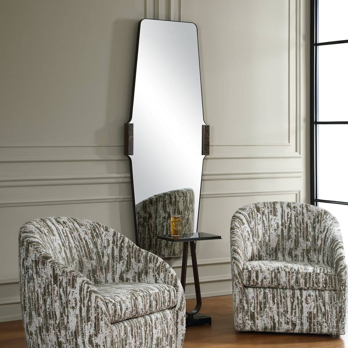 Side view of the Orson Golden Bronze Marble Tall Mirror by Uttermost