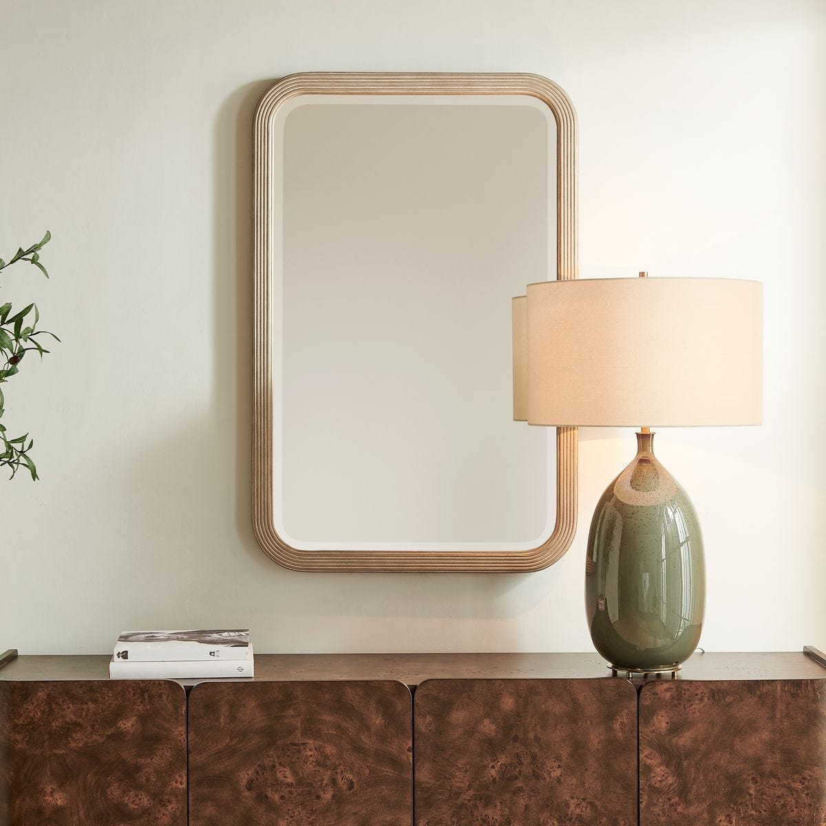 Close-up of the Emari Warm Gray Reeded Wood Wall Mirror solid wood frame