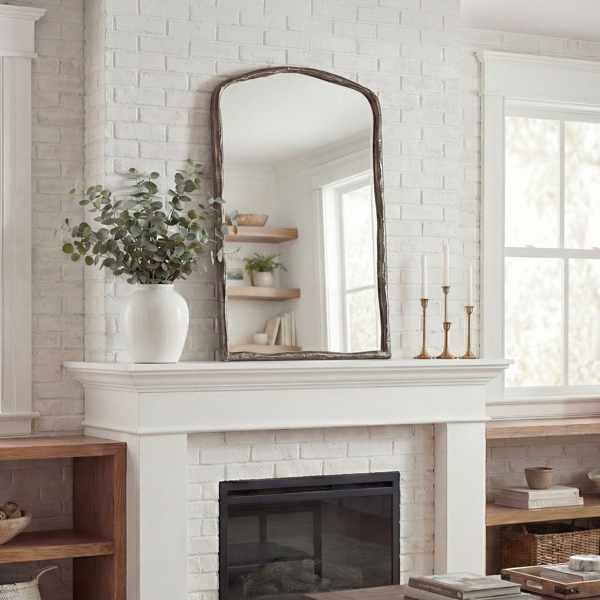 Hammered Antique Nickel Arched Mirror styled in a wall setting