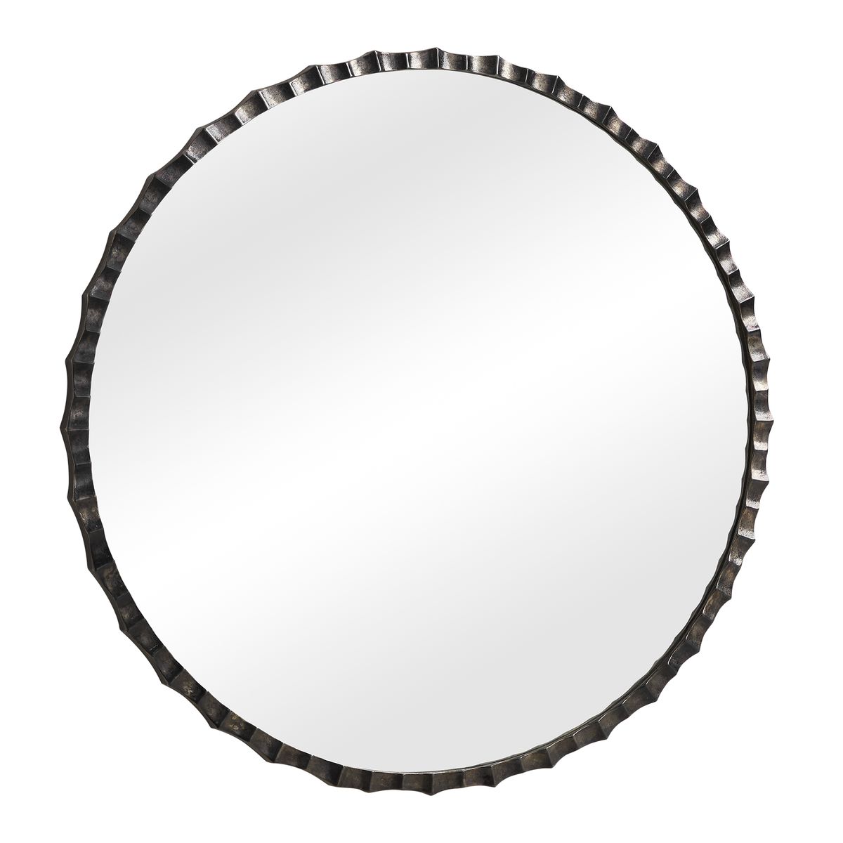 Side view of the Grander Charcoal Scalloped Round Mirror by Uttermost
