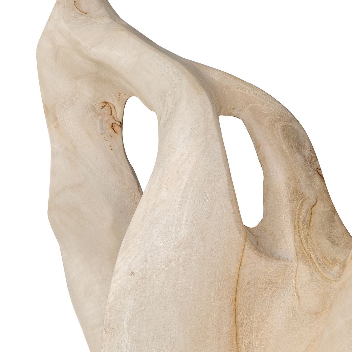 Detail view of the additional bleached teak detail on the Hollow Form Teak Indoor-Outdoor Sculpture