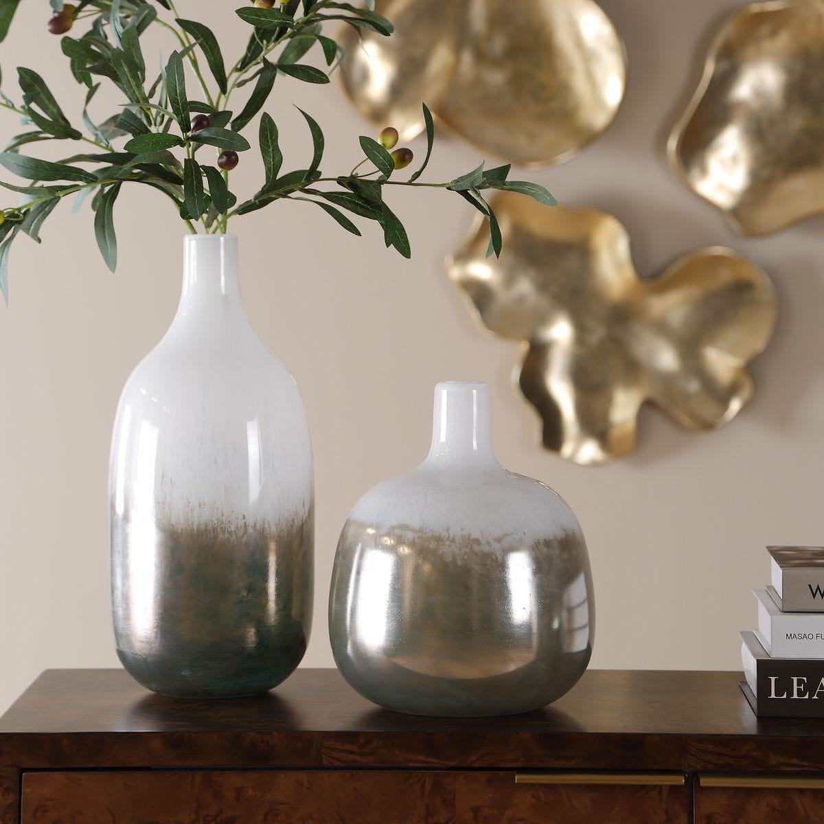 Cardoni Smoke Glass Vases Set of 2 styled in an interior setting
