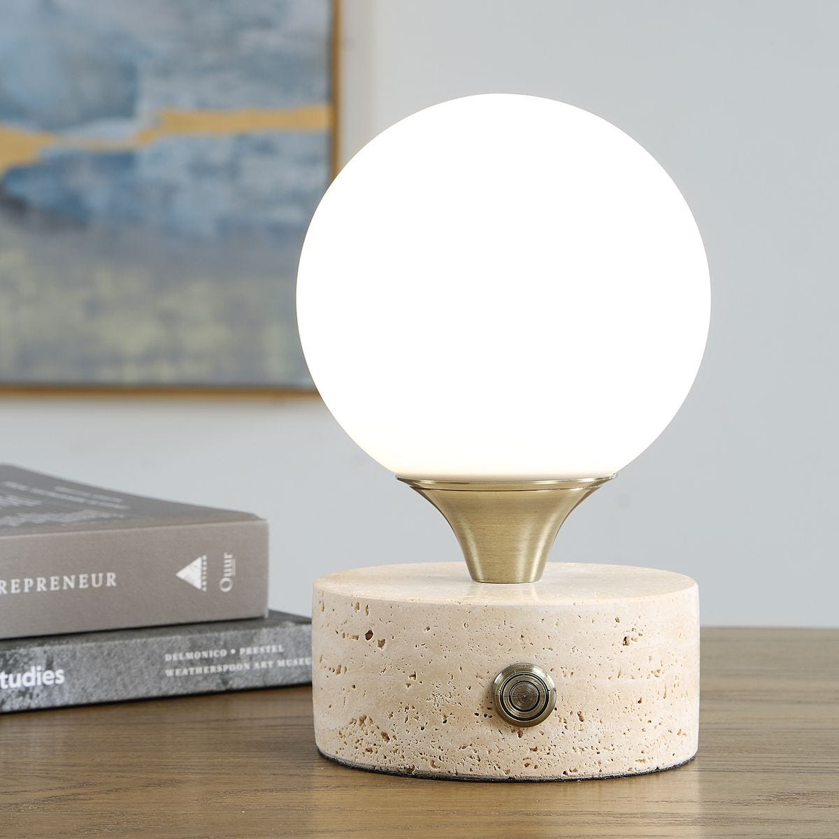 Abril Travertine Rechargeable Accent Lamp styled in a styled room setting