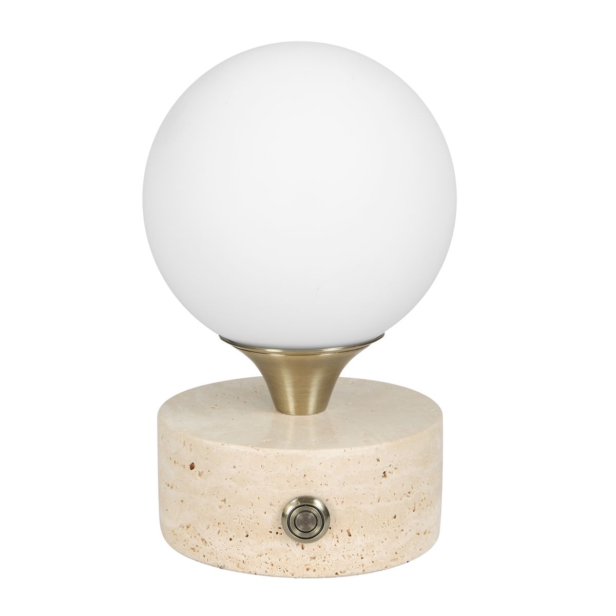 Side view of the Abril Travertine Rechargeable Accent Lamp by Uttermost