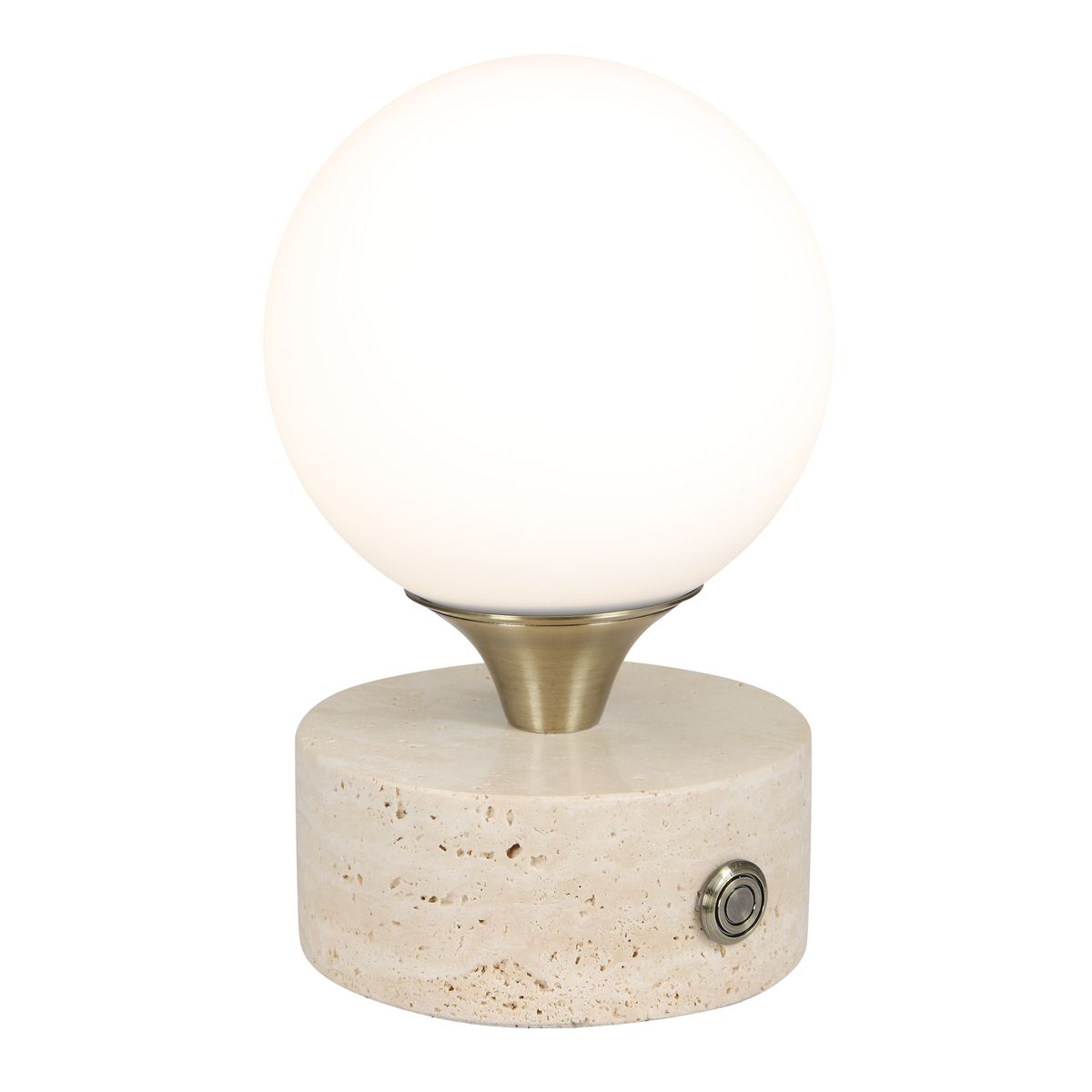 Detail view of the Abril Travertine Rechargeable Accent Lamp finish and construction